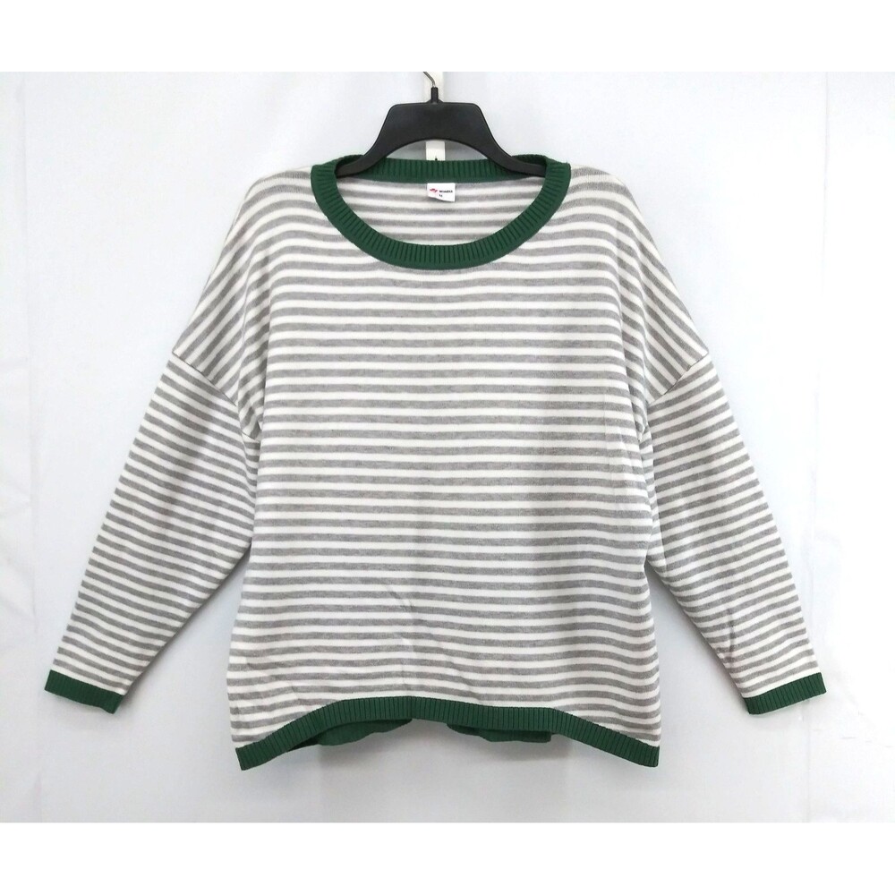 Wiholl Sweatshirt Womens Medium Gray White Striped Green Trim Long Sleeve Top